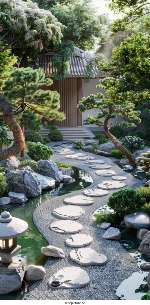 Stone Path Through Lush Japanese Garden
