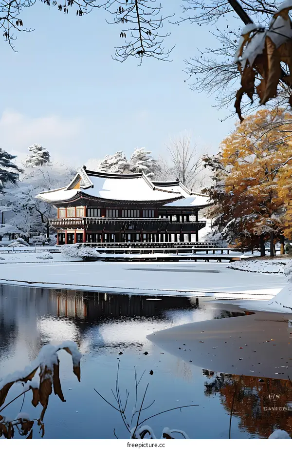 A pavilion by a frozen lake in a snowy park