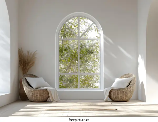 Minimalist Living Room with Wicker Chairs and Arch Window