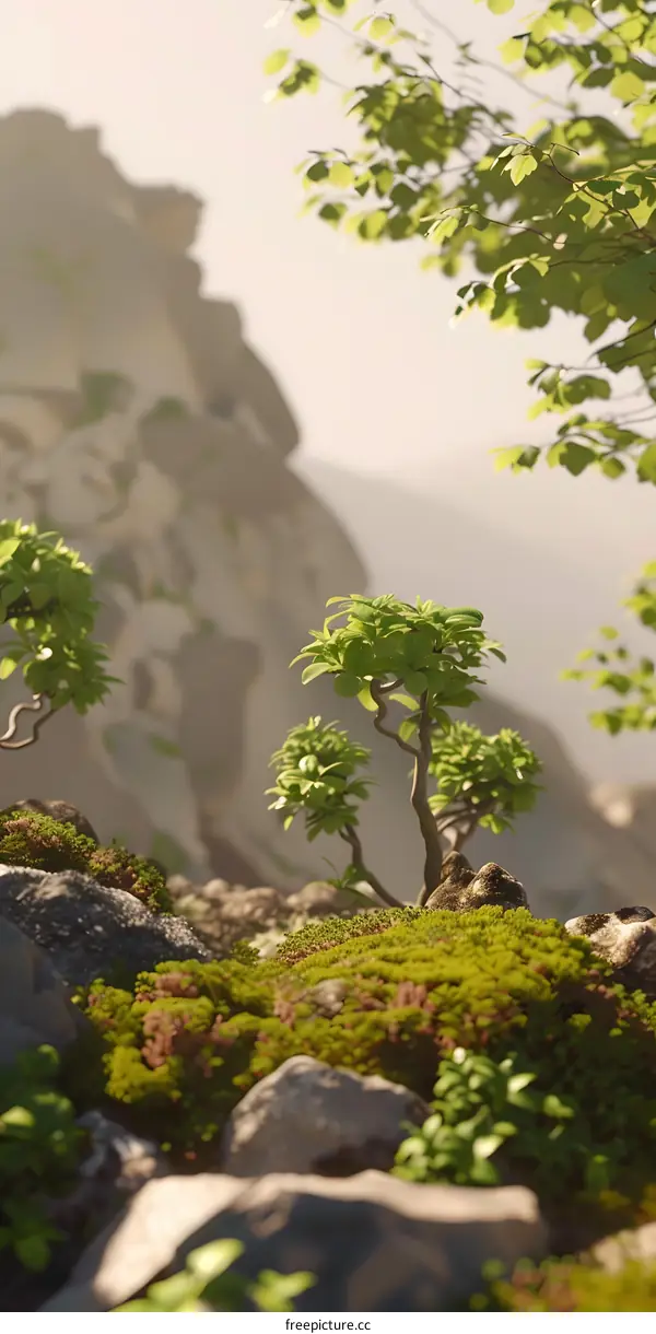 Green Trees and Rocks in a Misty Mountain Landscape