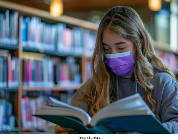 Teenage girl wearing a surgical mask reading a book in the library