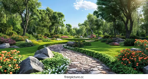 Scenic Park Pathway with Lush Greenery