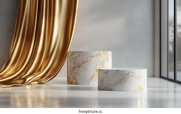 Luxury Gold Fabric Display with Marble Pedestals