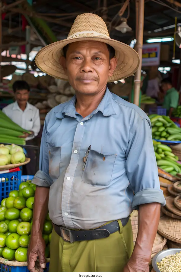 Asian Man in Straw Hat at Market Stall