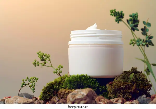 Natural Beauty Cream Jar On Moss And Stones