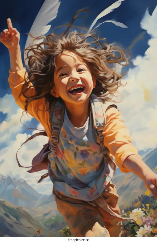 Little girl jumping for joy in a field of flowers