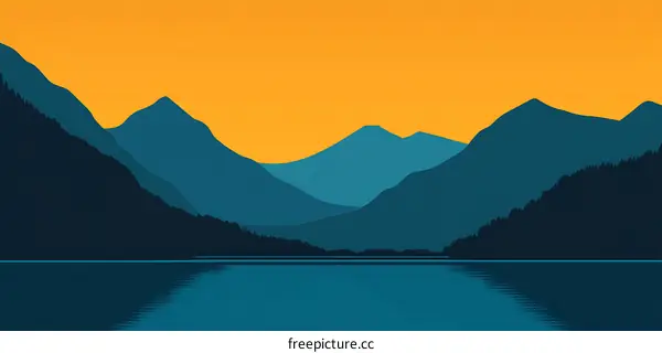 Silhouette of Mountains and Lake with Orange Sky
