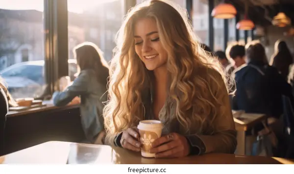 Blonde woman smiling while holding a coffee cup in a cafe