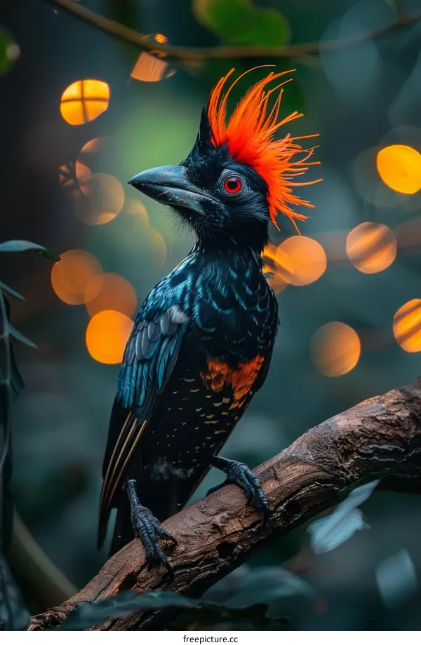 A brightly colored bird with a red crest perches on a branch