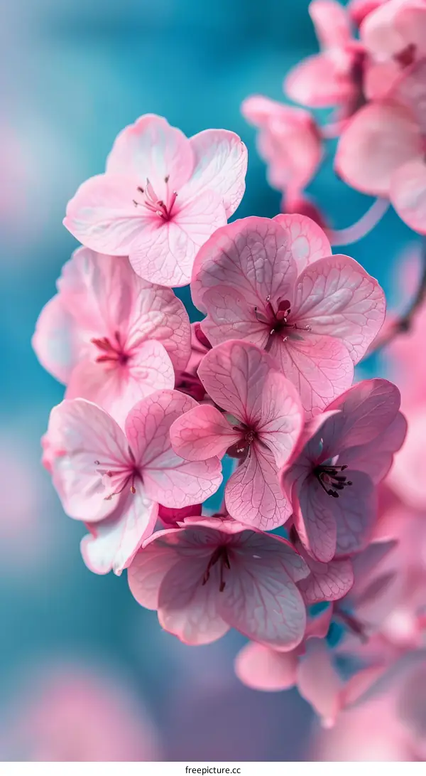 Delicate Light Pink Cherry Blossom Flowers with Blurred Blue Background