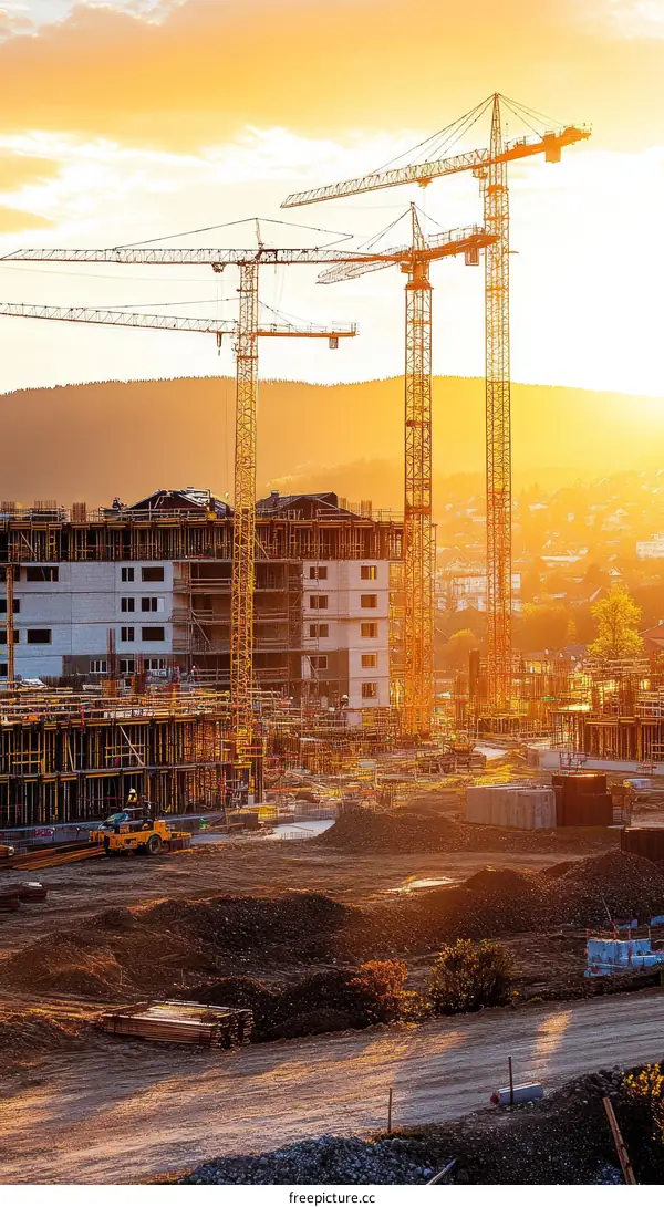 Construction Site at Sunset with Cranes