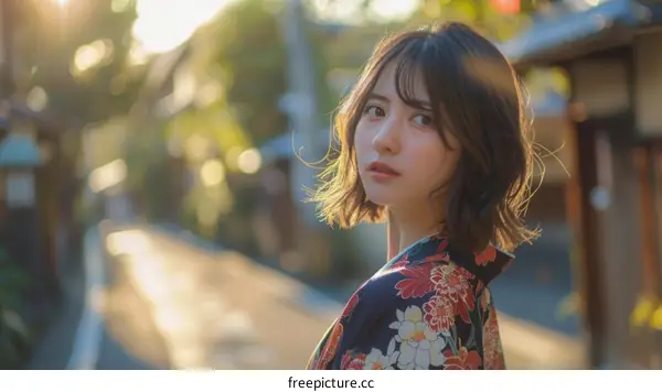 Japanese Woman in Kimono in a Charming Town