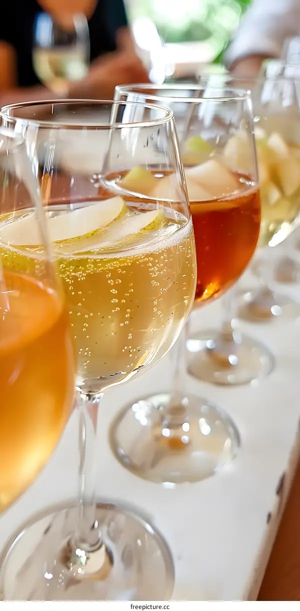 Row of Glasses Filled with Sparkling Wine and Apple Slices