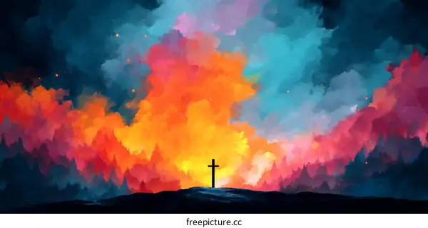 Abstract Colorful Religious Landscape with a Cross