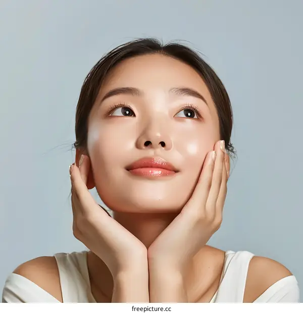 Asian Woman with Beautiful Skin Looking Up