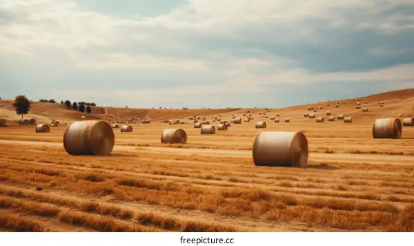 Field of hay rolls under cloudy sky