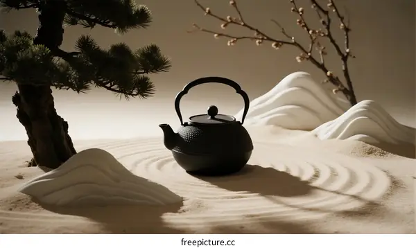Black Teapot with Zen Garden Elements in Soft Light