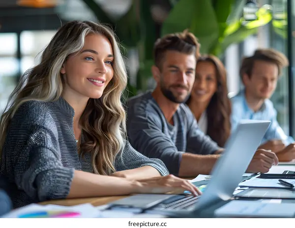 Blonde woman smiling in front of laptop with three colleagues sitting beside her