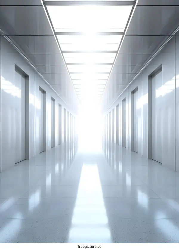 White Hallway With Doors Leading to Light