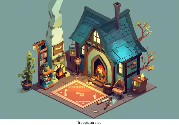 Cozy Cottage Interior With Fireplace and Bookshelf