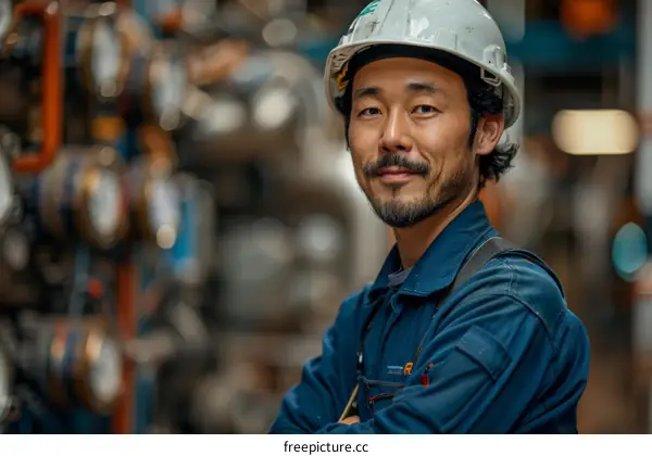 Portrait of a Japanese engineer wearing a hard hat in a factory