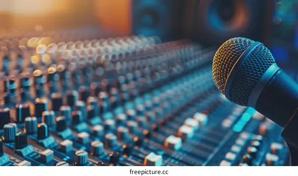 Close-up of a microphone in a recording studio with a mixing console in the background