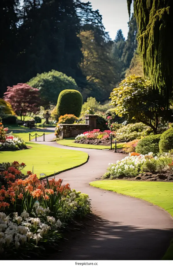 A beautiful park with a winding path and colorful flowers