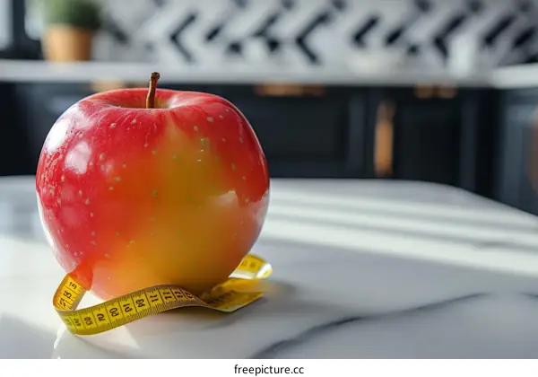 Measuring the size of an apple with a measuring tape