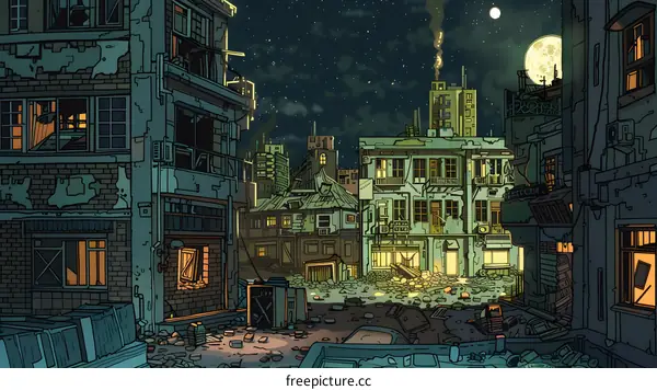 Nighttime Cityscape with Moon and Stars