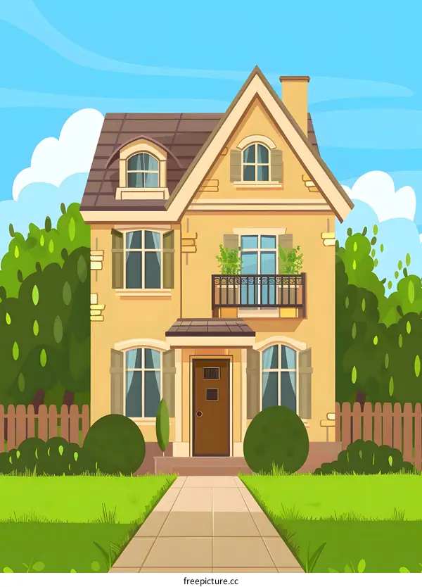 Yellow Two Story House With Green Grass and Trees