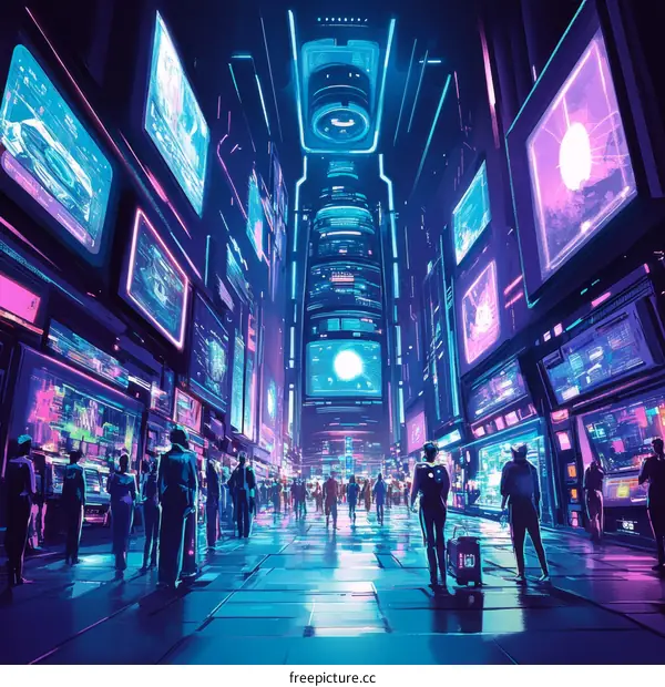 Futuristic Neon City Street Scene with People