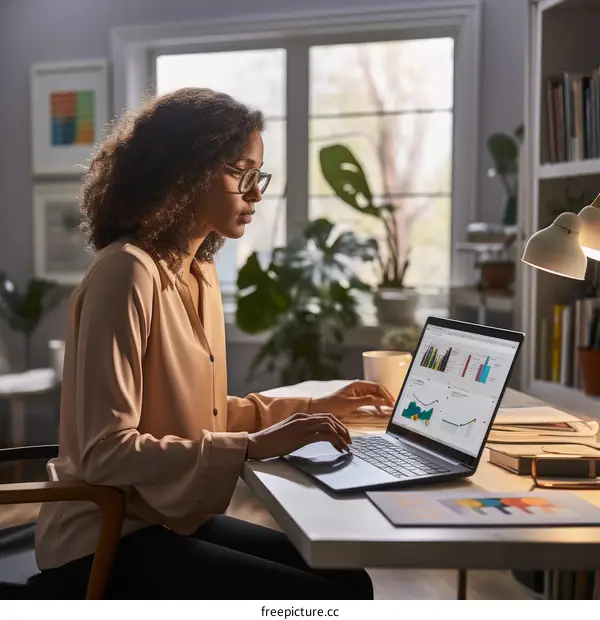 A young woman of African descent is working on her laptop in her home office.
