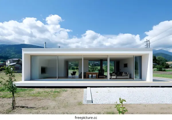 Modern White House with Large Windows and a Wooden Deck