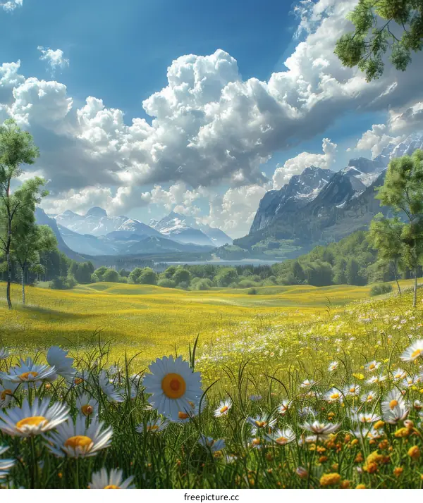 Spectacular Field of Daisies with Mountains