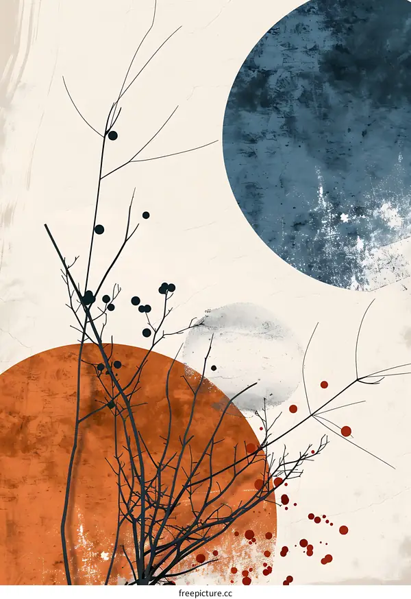 Abstract Art with Black Branches, Orange and Blue Circles