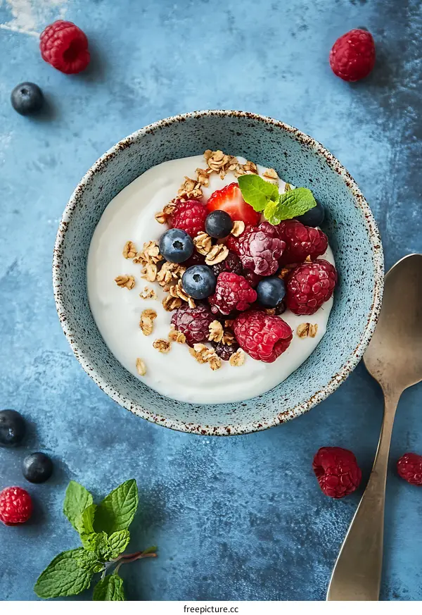 Yogurt with Berries and Granola in Blue Bowl