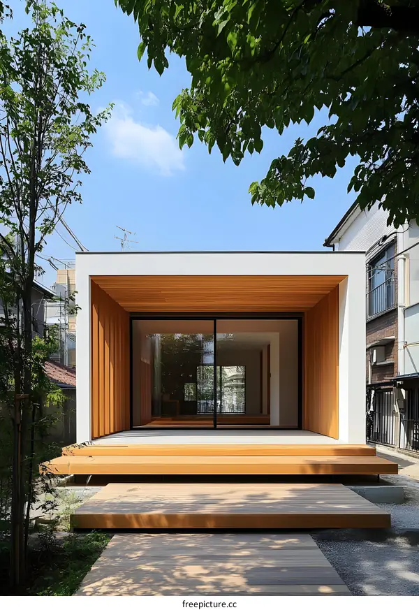 Modern Minimalist Japanese House with Wooden Deck and Sliding Glass Doors