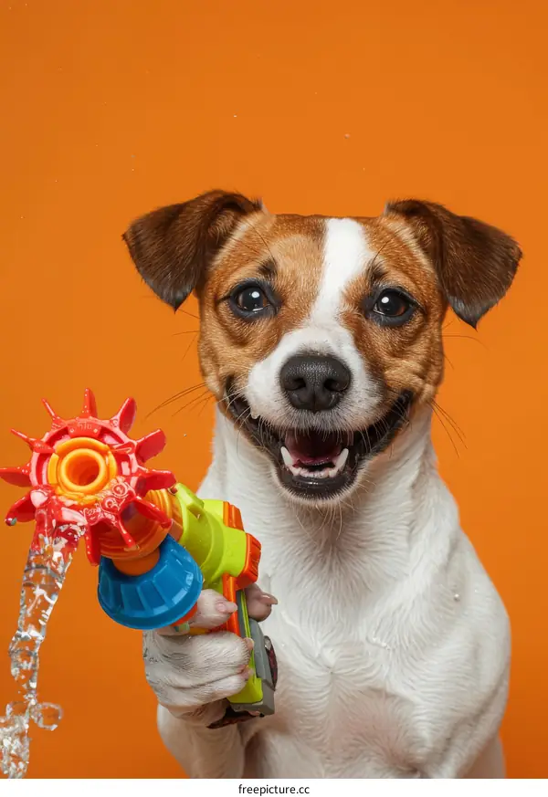 A wet dog is holding a water gun and looks like it's having a great time