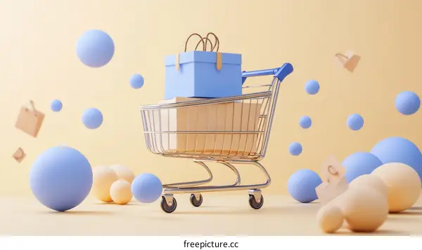 Shopping Cart with Gifts and Floating Objects
