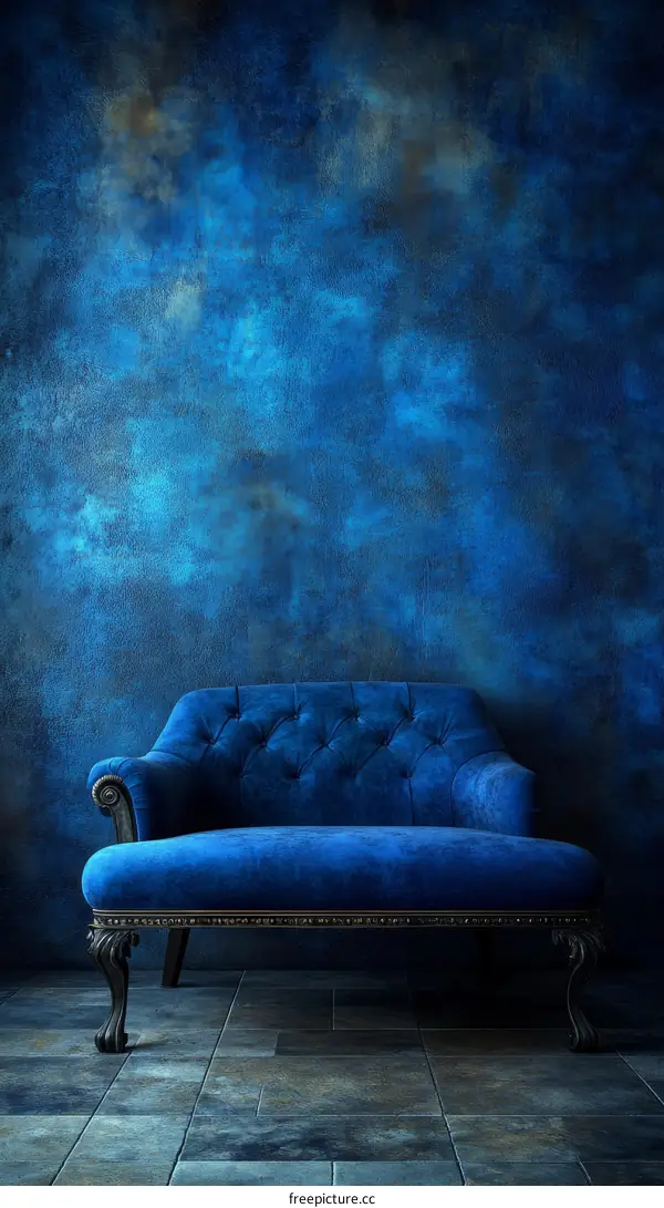 Vintage Blue Velvet Sofa Against a Dark Blue Wall