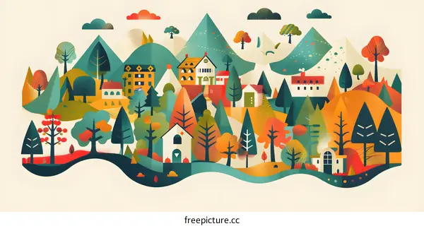 Autumn Village Illustration with Colorful Houses and Trees