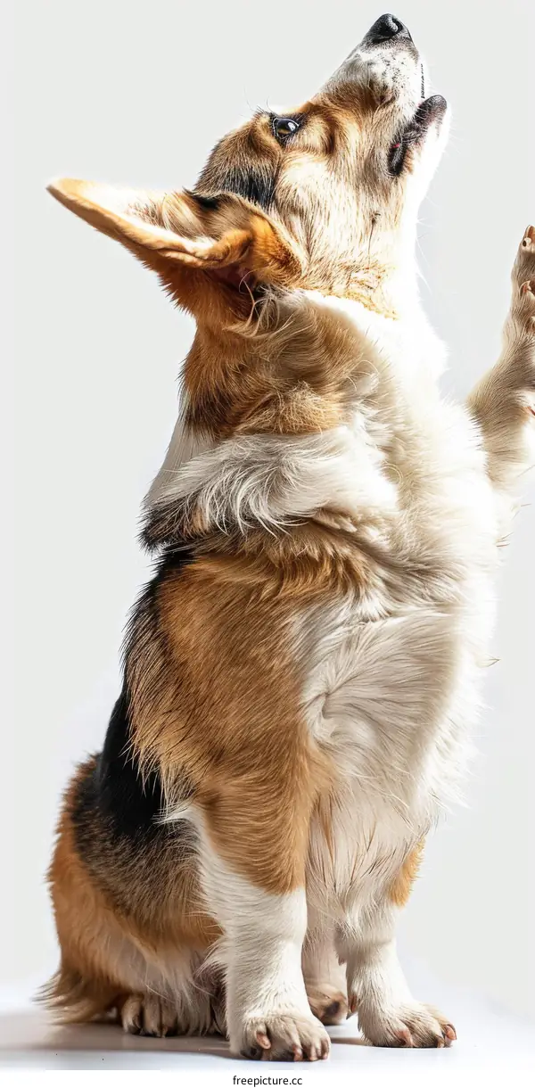 A cute corgi dog standing on its hind legs and begging for food