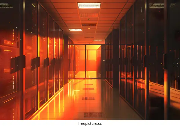 Futuristic Sci-Fi Server Room with Glowing Orange Lights