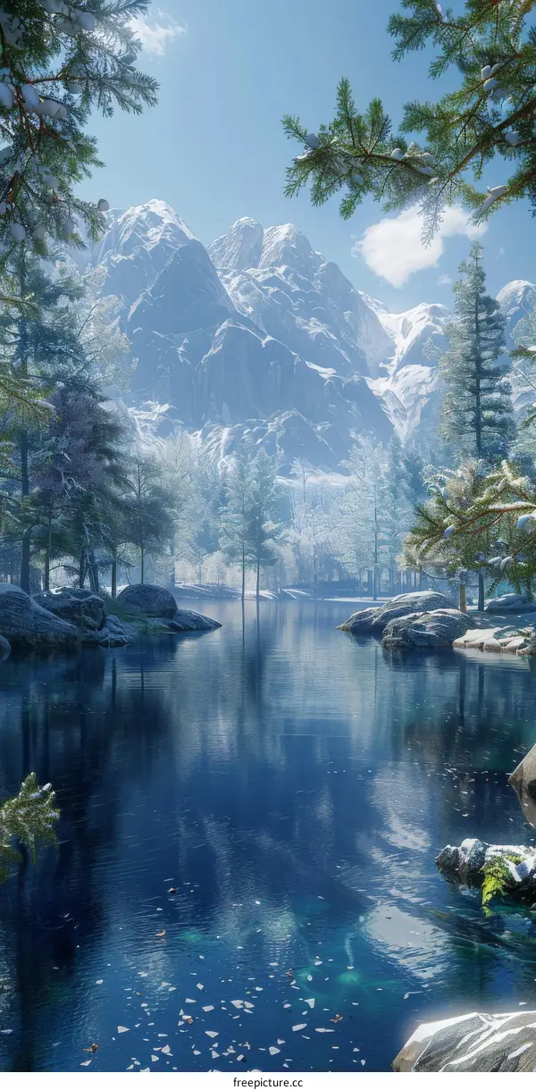 A peaceful winter lake nestled in the mountains