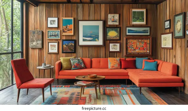 Rustic Living Room with Colorful Artwork and Seating