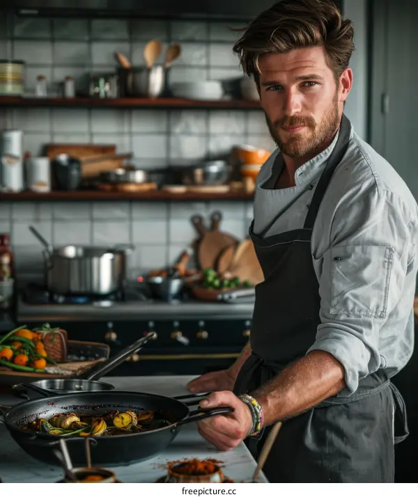 Handsome male chef in the kitchen with a pan of food