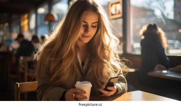 Young woman sitting in a cafe looking at her phone