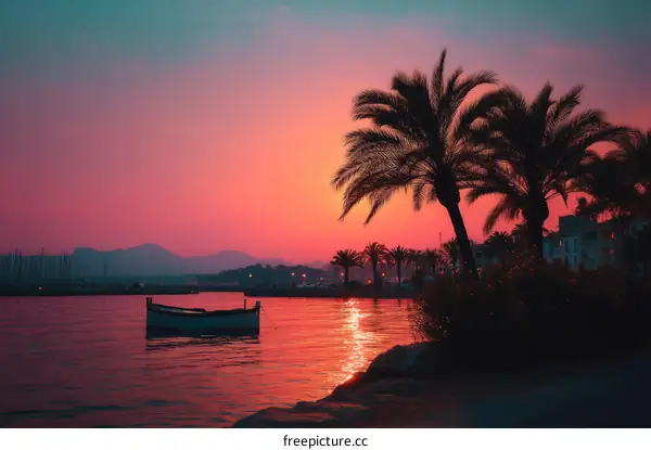 Sunset over a Mediterranean Harbor with Palm Trees
