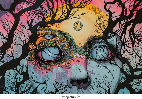 Psychedelic Art Painting With Eye and Trees