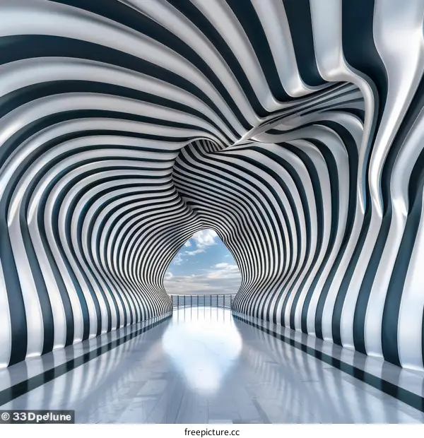 Black and white striped tunnel with a blue sky and clouds at the end